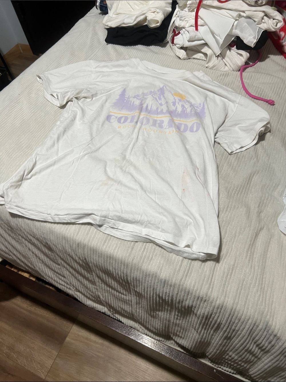 Hollister White Colorado Graphic Tee with Purple and Yellow Print